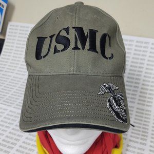 USMC KHAKI COLORED GREEN UNSTRUCTURED BASEBALL CAP EMBROIDERE MC INSIGNIA VISOR